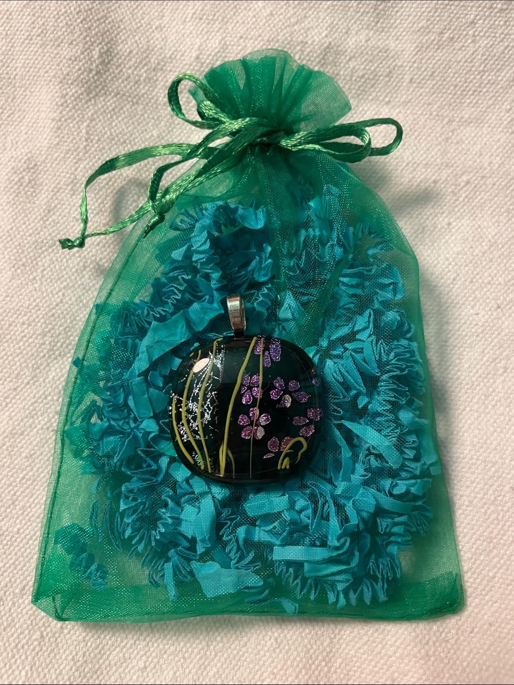 Dichroic Black Glass Pendant with Purple Floral Accents